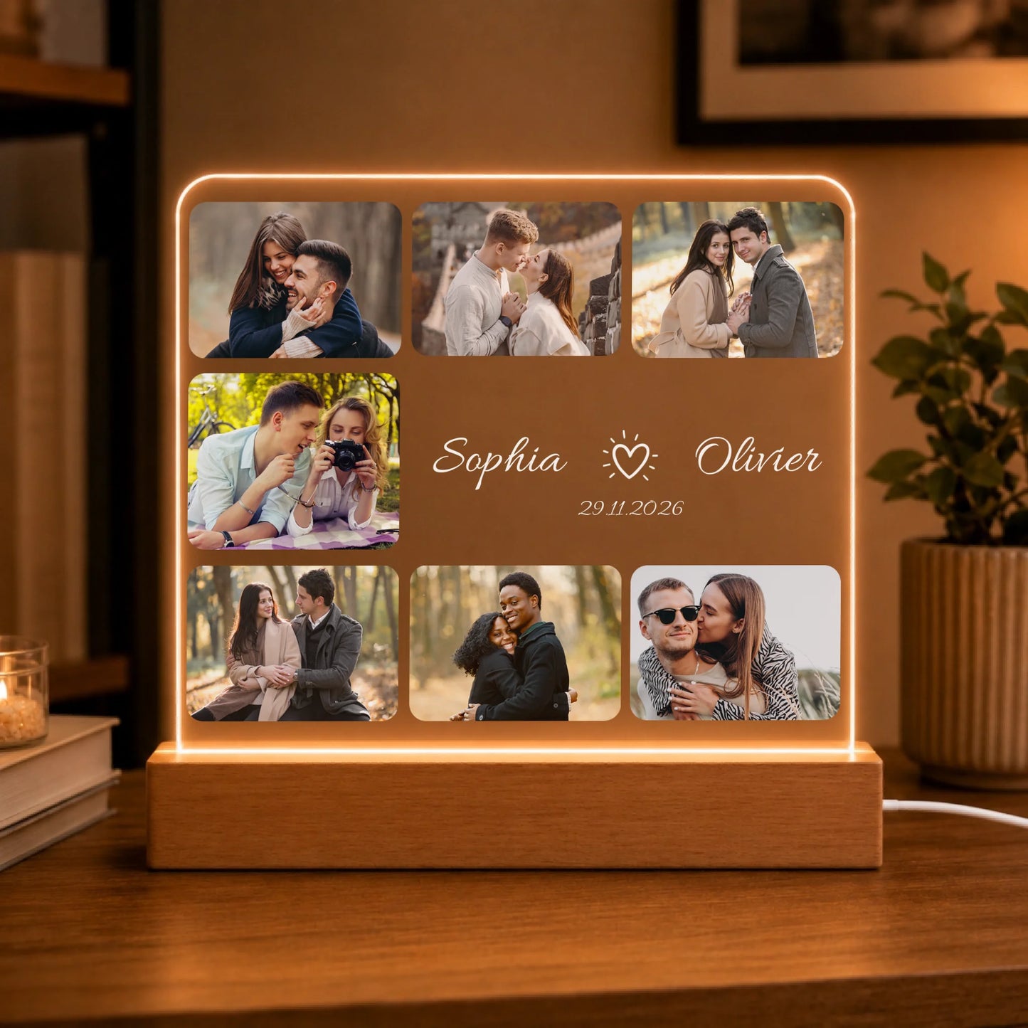 Elegant custom LED night light with seven photos and names Sophia and Olivier perfect for anniversary or couple gift.