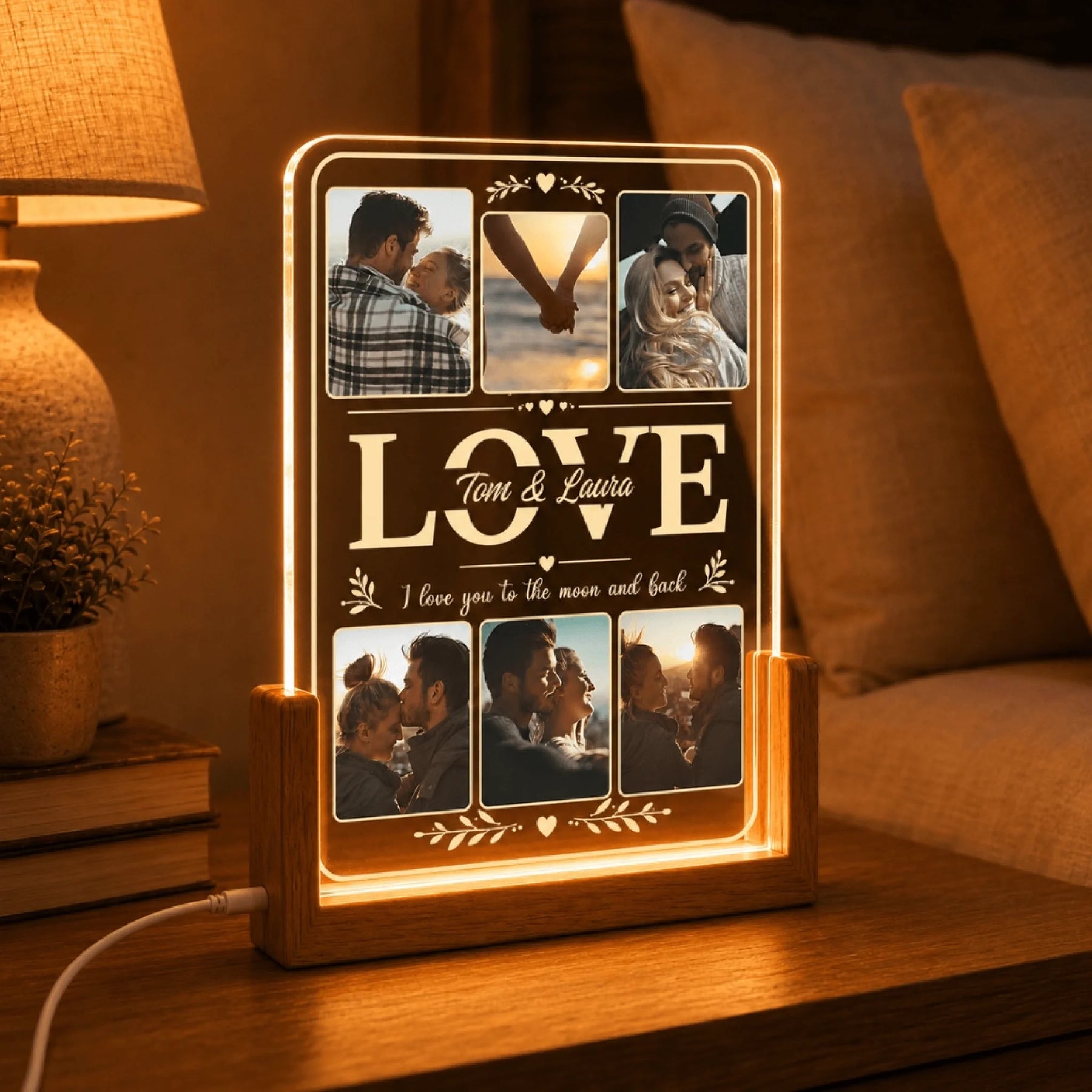 Personalized LED acrylic sign with a love-themed photo collage and custom names, designed for romantic celebrations.