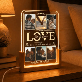 Personalized LED acrylic sign with a love-themed photo collage and custom names, designed for romantic celebrations.