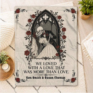 Romantic fleece blanket featuring a skeleton bride and groom in a gothic rose arch, customized with the names Ron Smith and Susan Thomas.