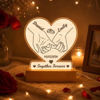 Personalized heart LED light with pinky promise hands and wedding rings, ideal custom engagement or anniversary gift.
