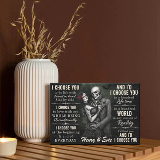 Romantic skeleton couple canvas artwork featuring custom names Henry and Evie as a unique gift for couples or anniversaries.