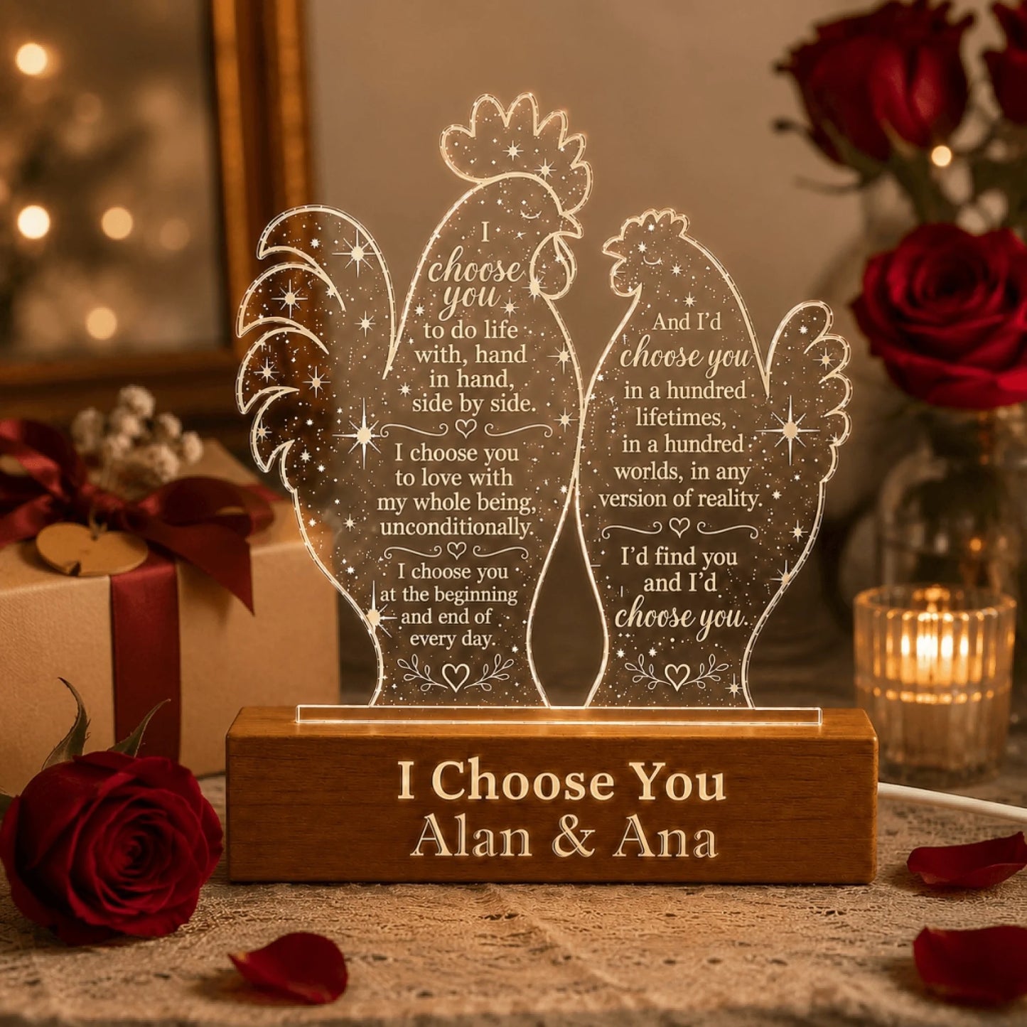 Romantic rooster couple LED night light personalized with names Alan and Ana, a perfect anniversary gift for couples.
