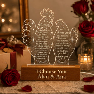 Romantic rooster couple LED night light personalized with names Alan and Ana, a perfect anniversary gift for couples.
