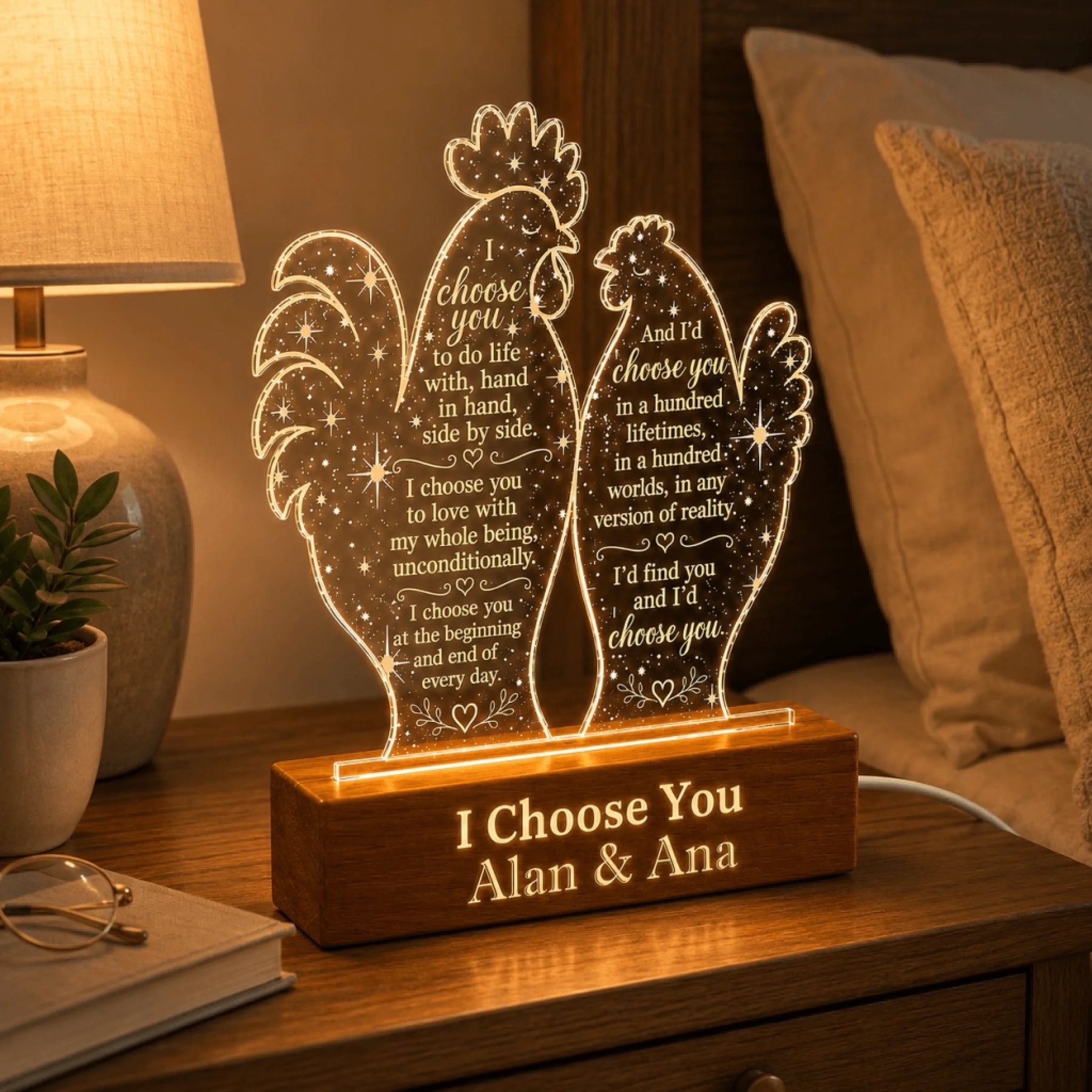 Beautifully engraved rooster couple LED night light with custom name personalization Alan and Ana, ideal romantic gift.