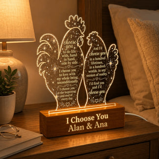Beautifully engraved rooster couple LED night light with custom name personalization Alan and Ana, ideal romantic gift.