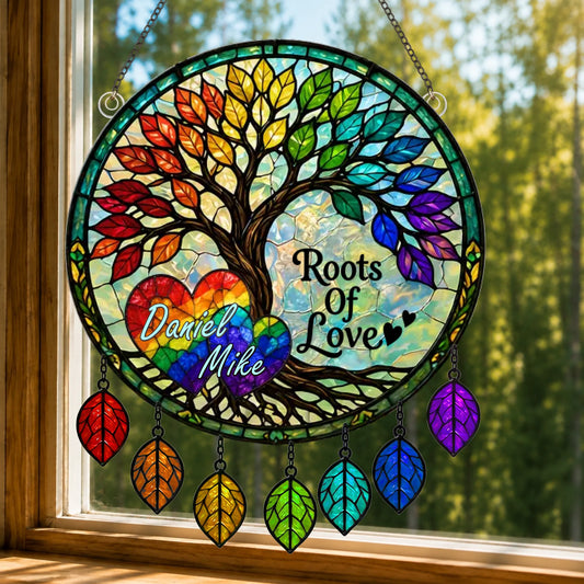 Personalized Roots of Love rainbow tree acrylic suncatcher featuring names Daniel and Mike, perfect lgbtq pride gift.