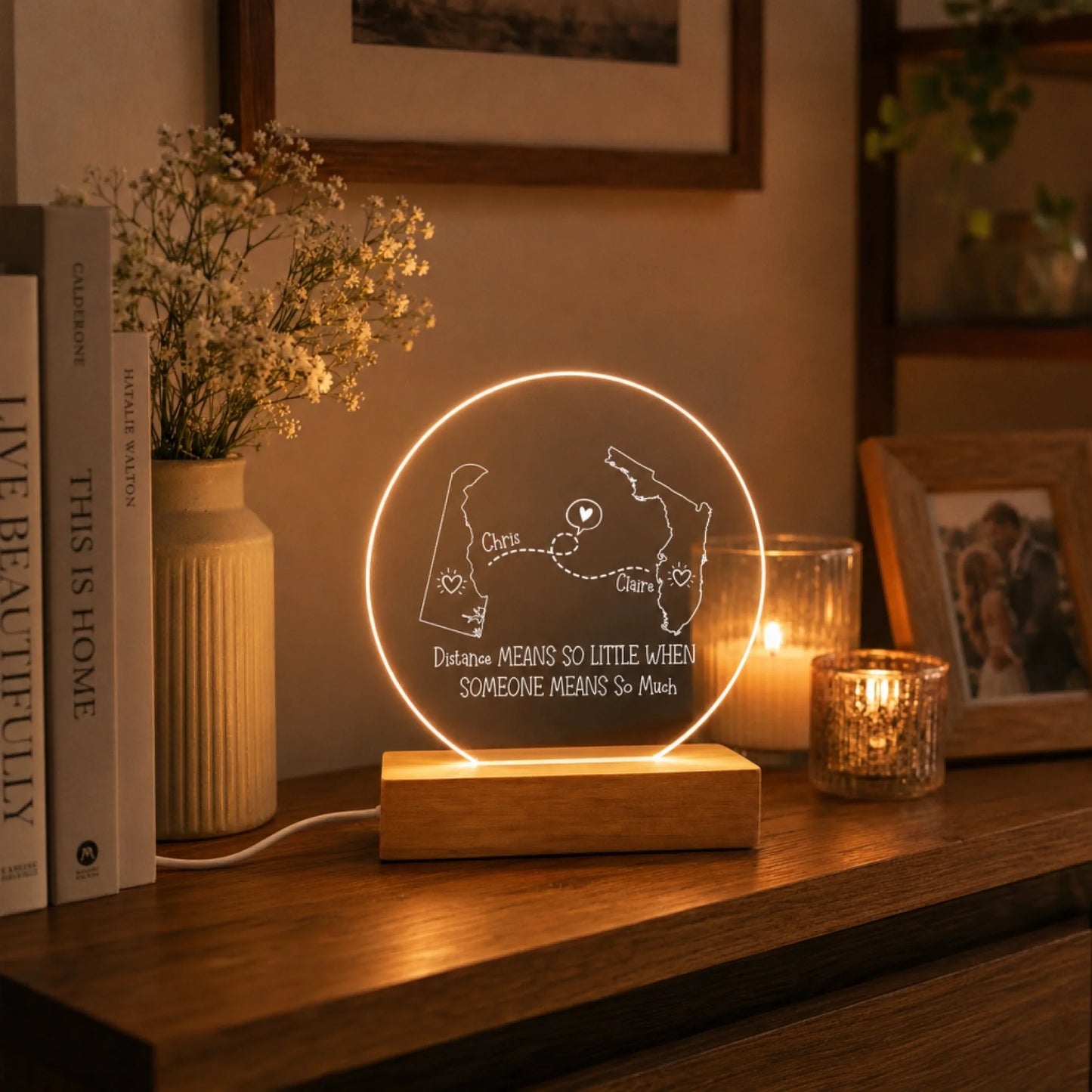 round acrylic long distance lamp with warm white glowing text