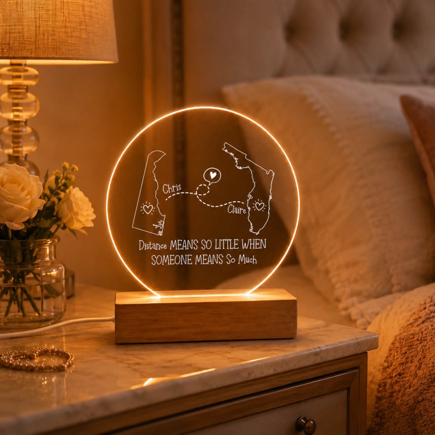 round personalized state map acrylic light displayed next to books