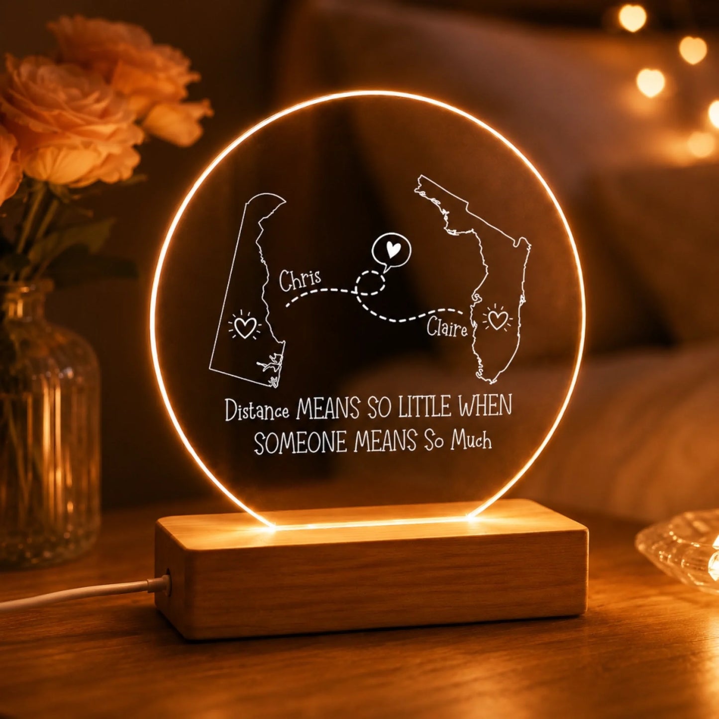 rectangular personalized acrylic led light with custom names and couple map