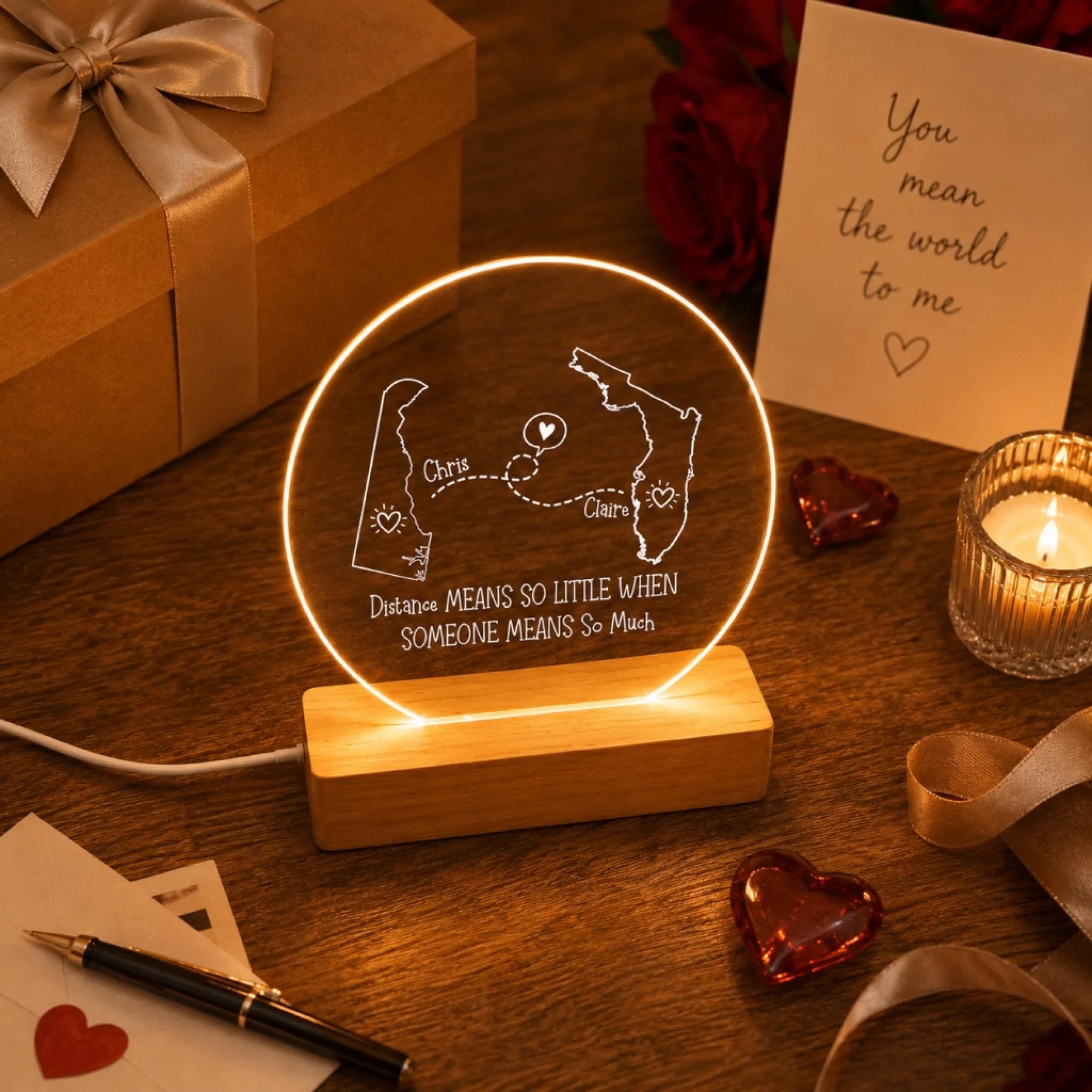 round engraved acrylic night light with wooden base glowing on a table