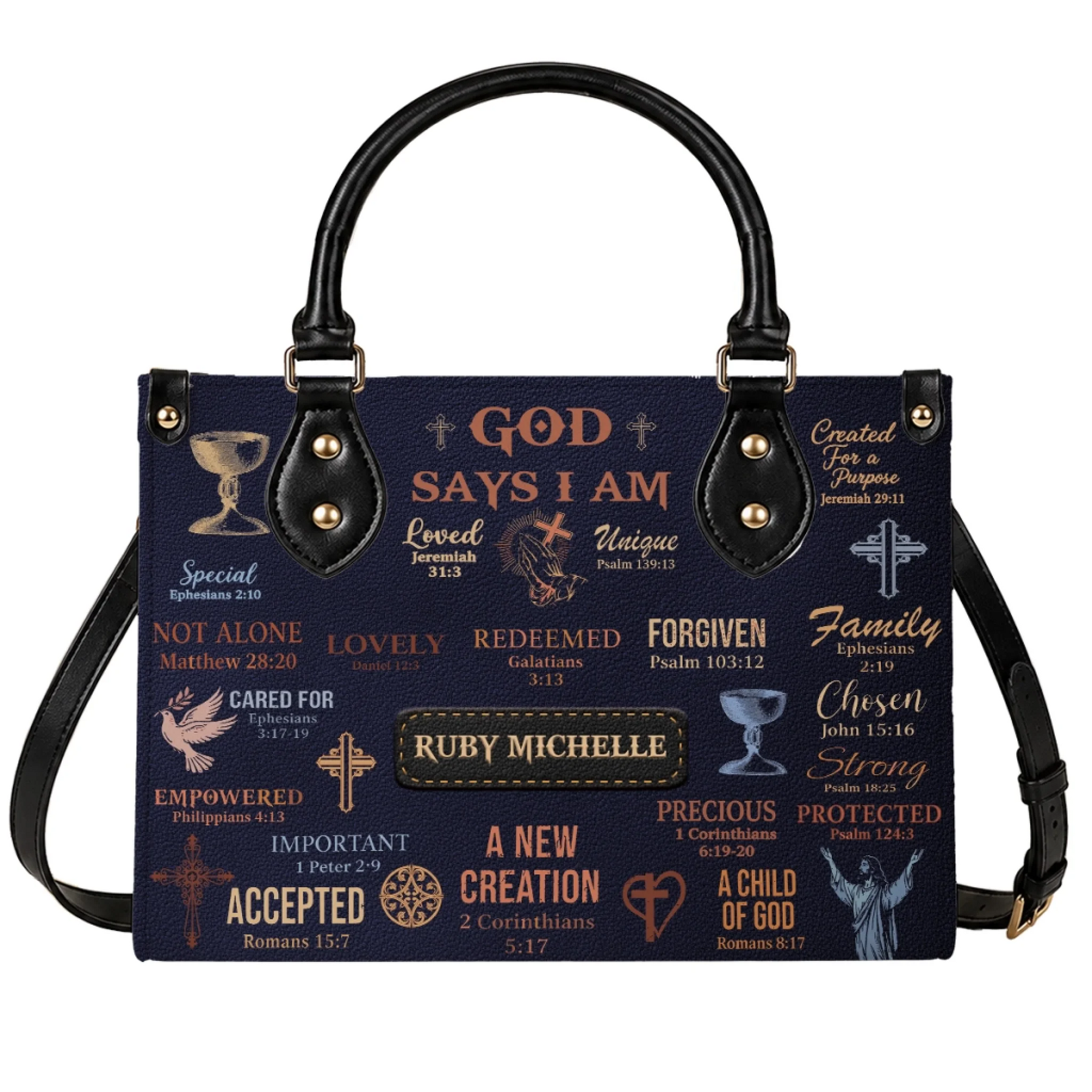 Personalized Ruby Michelle navy blue handbag featuring God Says I Am scripture verses for a faith inspired gift.