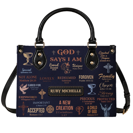 Personalized Ruby Michelle navy blue handbag featuring God Says I Am scripture verses for a faith inspired gift.