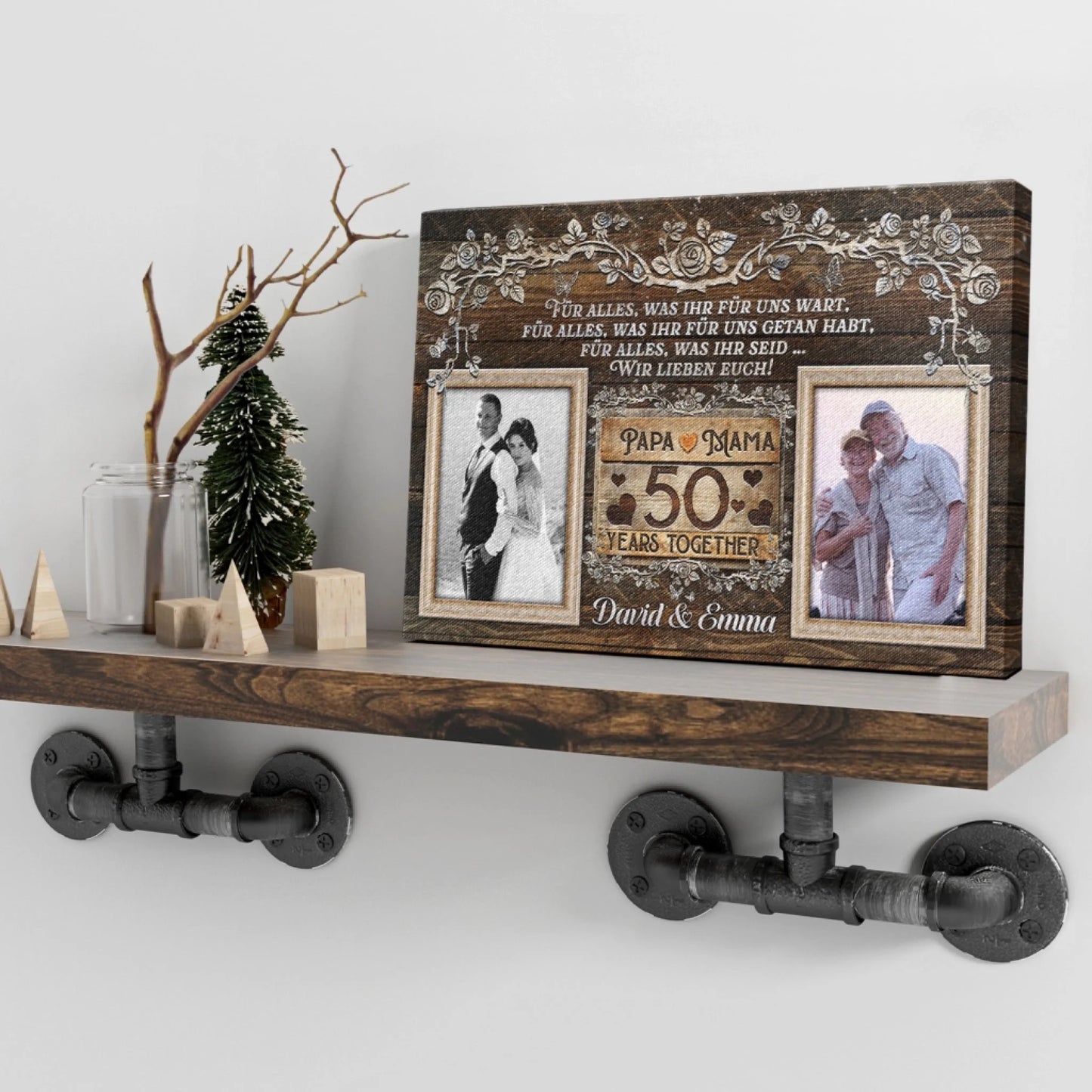 Rustic style 50th anniversary photo canvas gift displayed on a shelf for parents celebrating 50 years together.