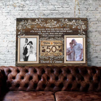 Rustic 50th anniversary photo canvas mounted above a tufted leather sofa as a meaningful gift for parents.