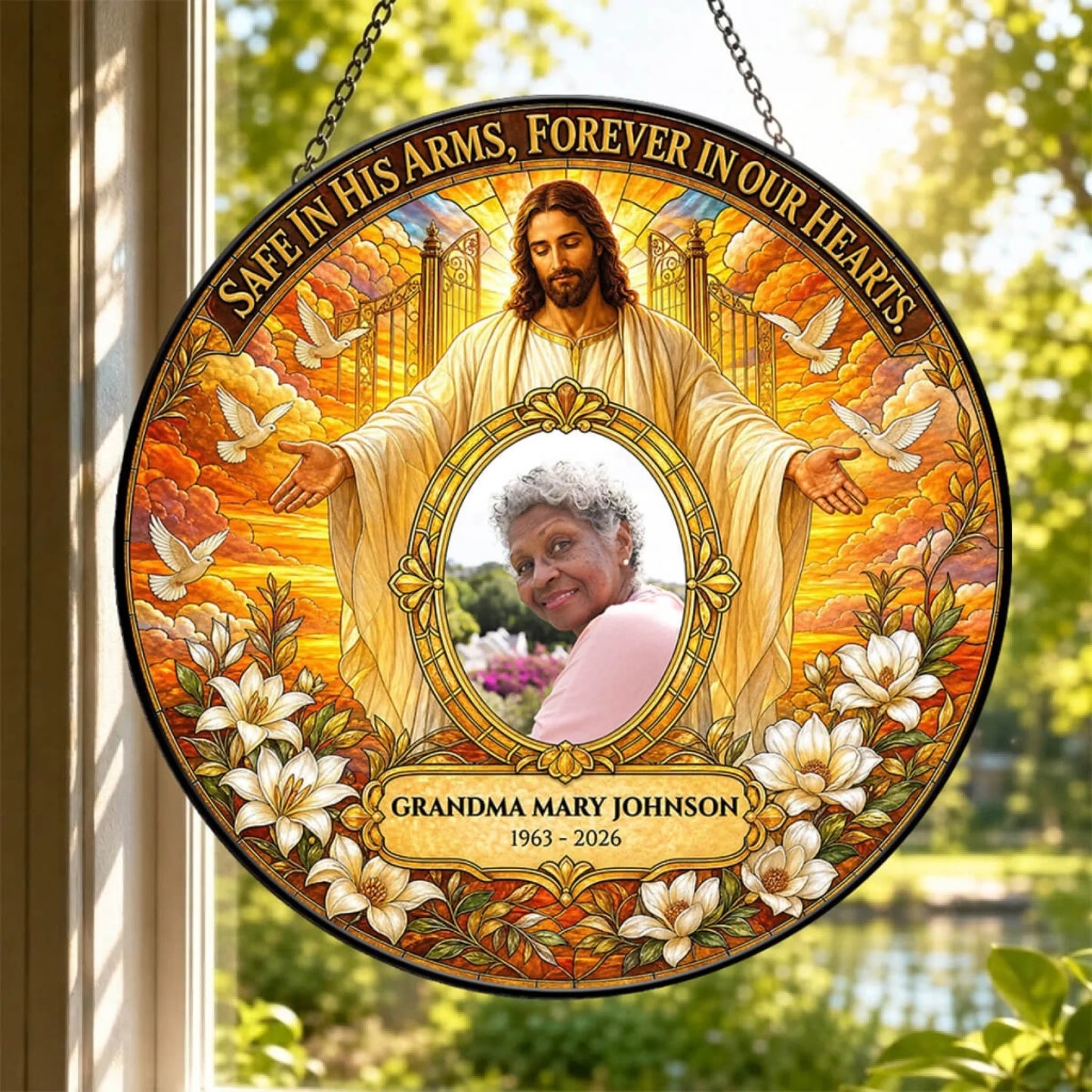 Round religious memorial suncatcher with custom photo for Grandma Mary Johnson featuring a heaven themed background.
