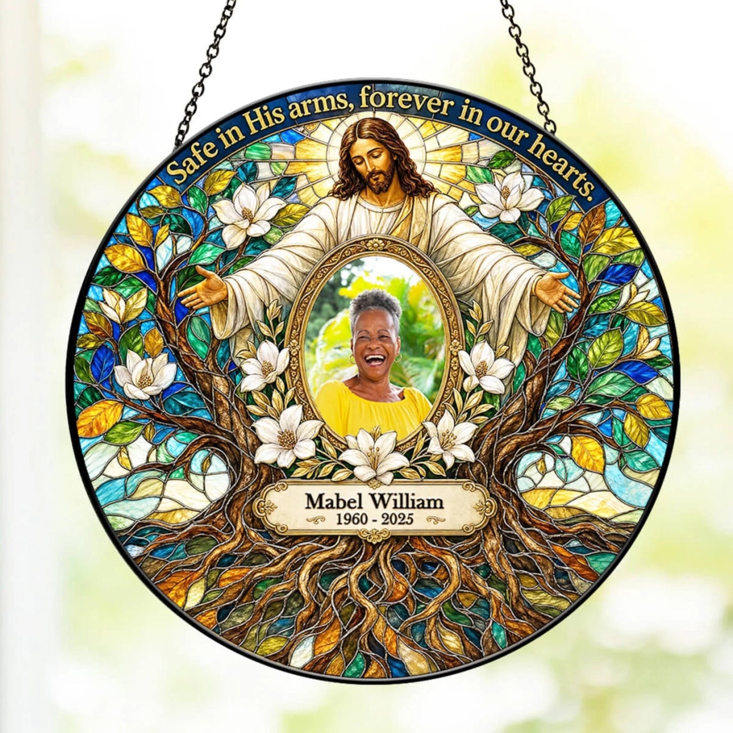 Personalized stained glass suncatcher for memorial gift with Jesus artwork, Mabel William photo, and custom dates