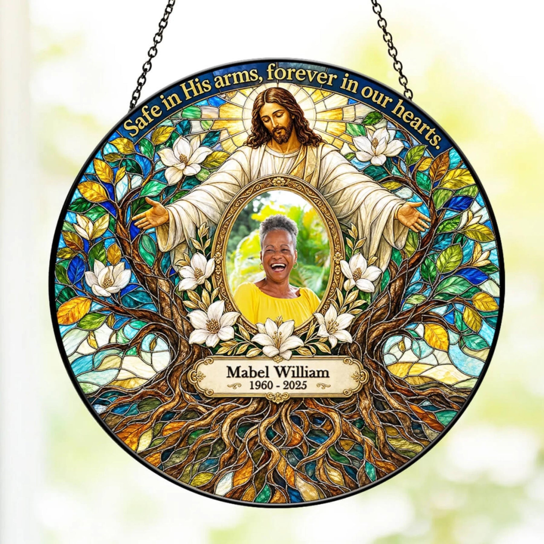 Personalized stained glass suncatcher for memorial gift with Jesus artwork, Mabel William photo, and custom dates