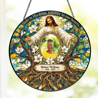 Personalized stained glass suncatcher for memorial gift with Jesus artwork, Mabel William photo, and custom dates