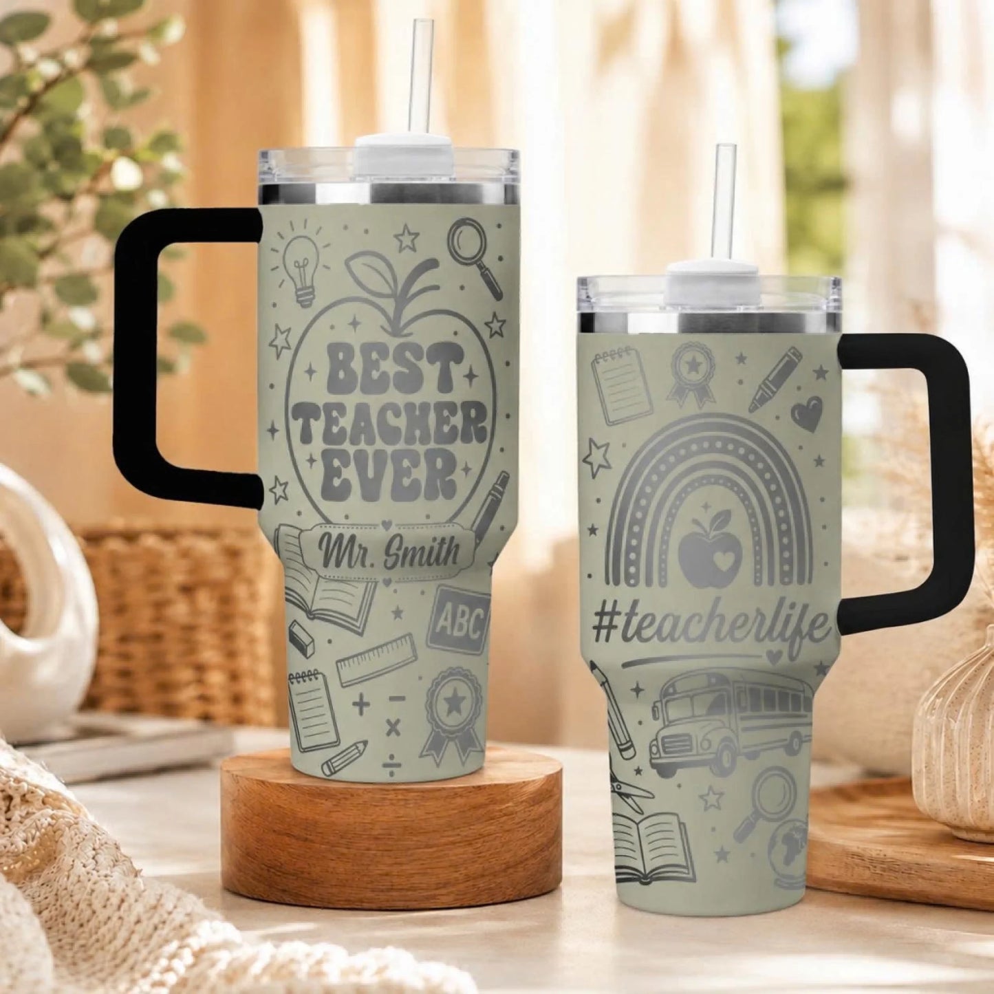 Sage green custom teacher tumbler with Best Teacher Ever quote and fun school supply pattern for gifting.
