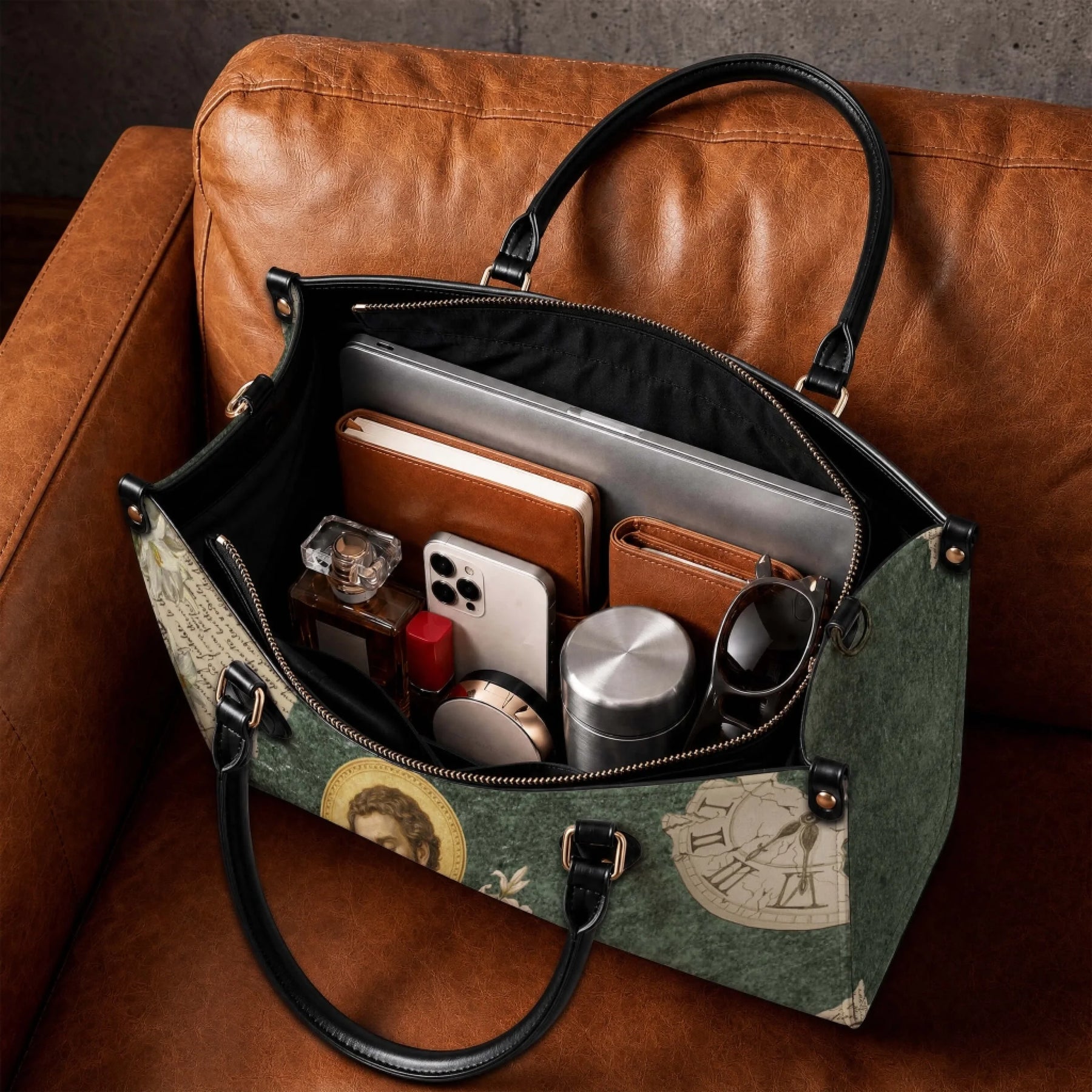 Spacious interior of Saint Joseph religious themed PU leather tote bag filled with everyday personal essentials.