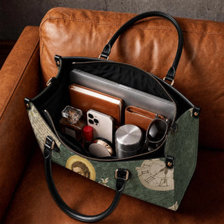 Spacious interior of Saint Joseph religious themed PU leather tote bag filled with everyday personal essentials.