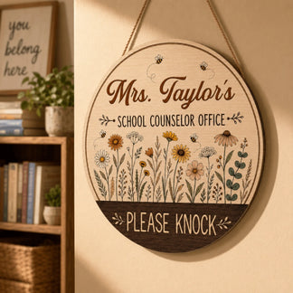 Mrs Taylors school counselor round wooden wall sign with wildflowers bees and a please knock door message