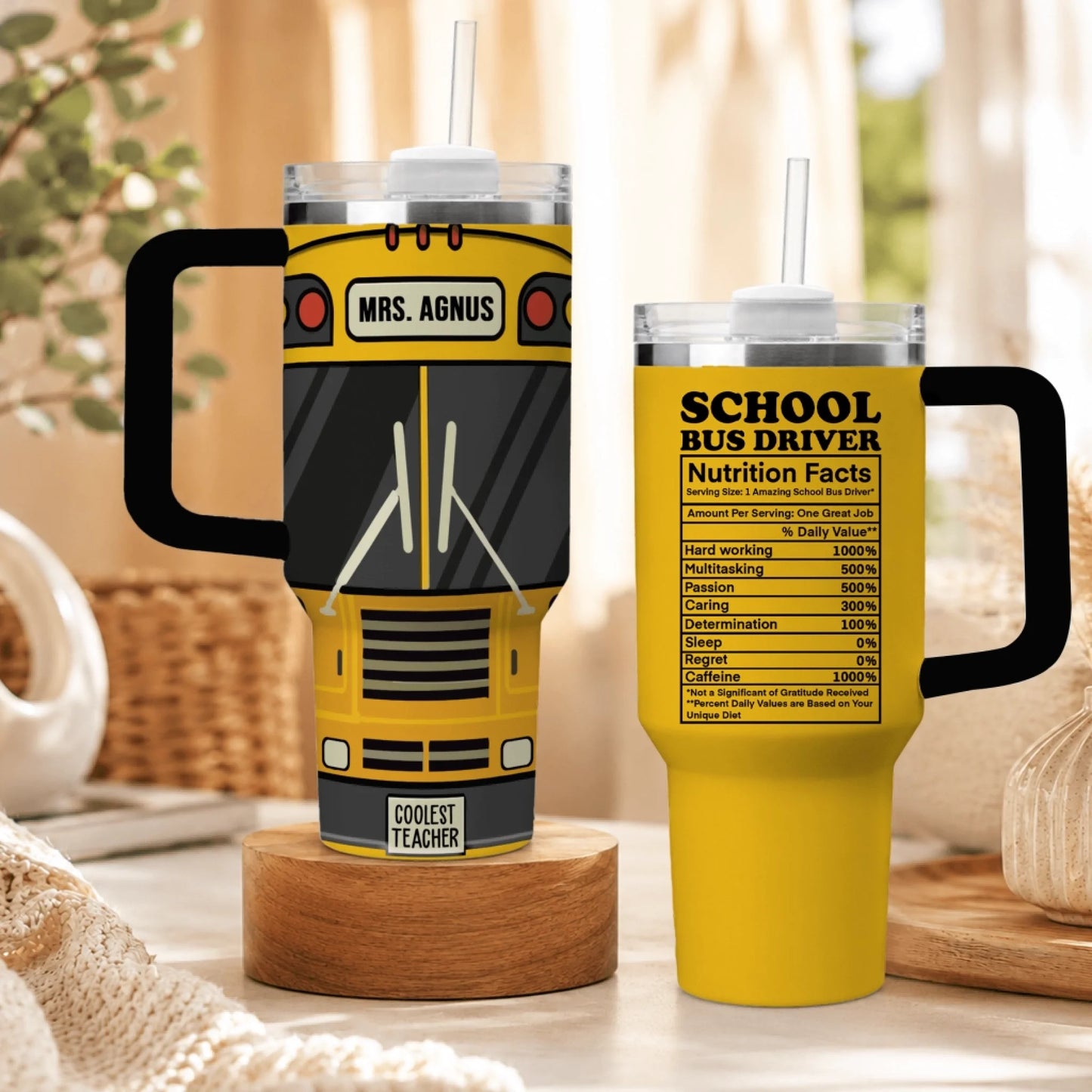 Personalized 40oz school bus driver tumbler with custom name and yellow bus design