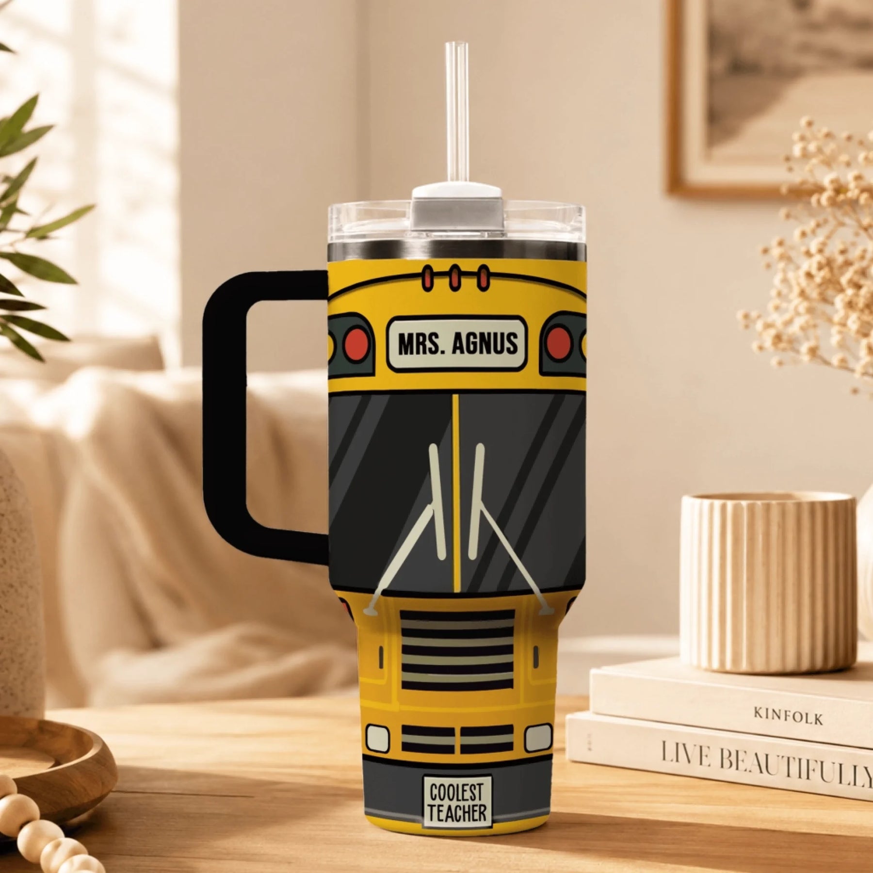 Custom name plate on personalized school bus driver tumbler