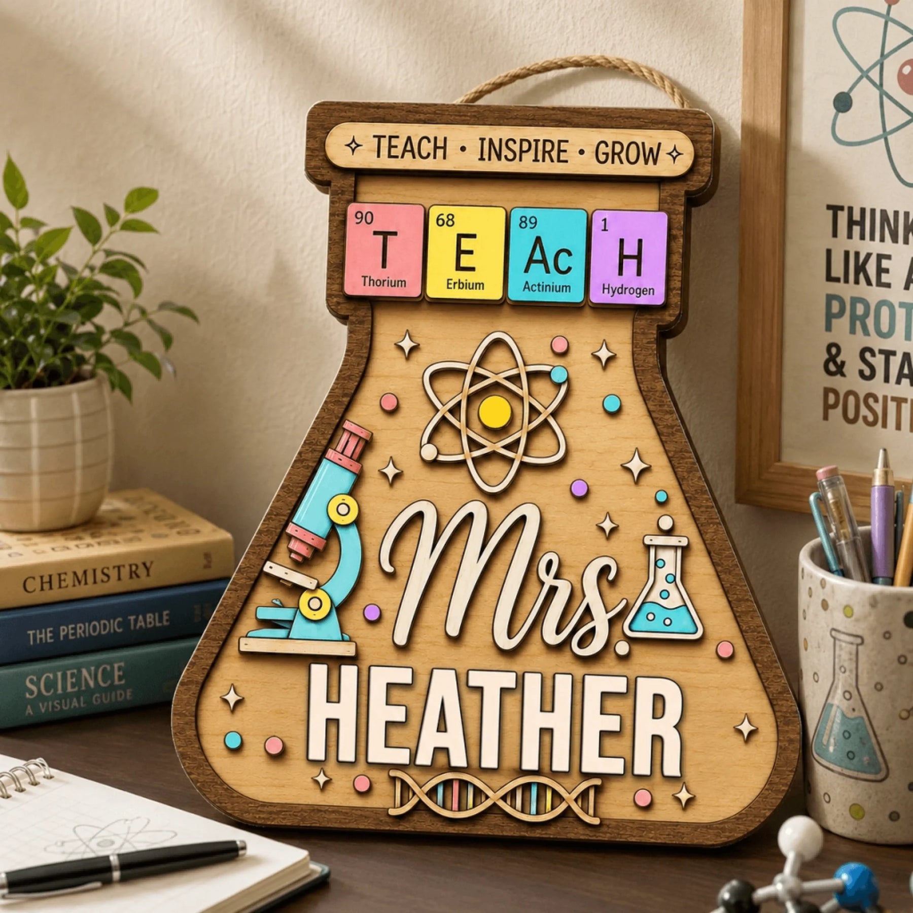A decorative wooden flask-shaped wall sign for a science teacher, customized with Mrs. Heather on a desk.