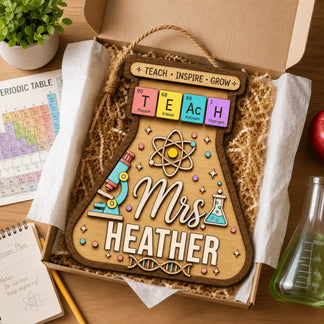 A personalized science teacher gift inside a box, featuring a wooden flask sign with Mrs. Heather name tag.