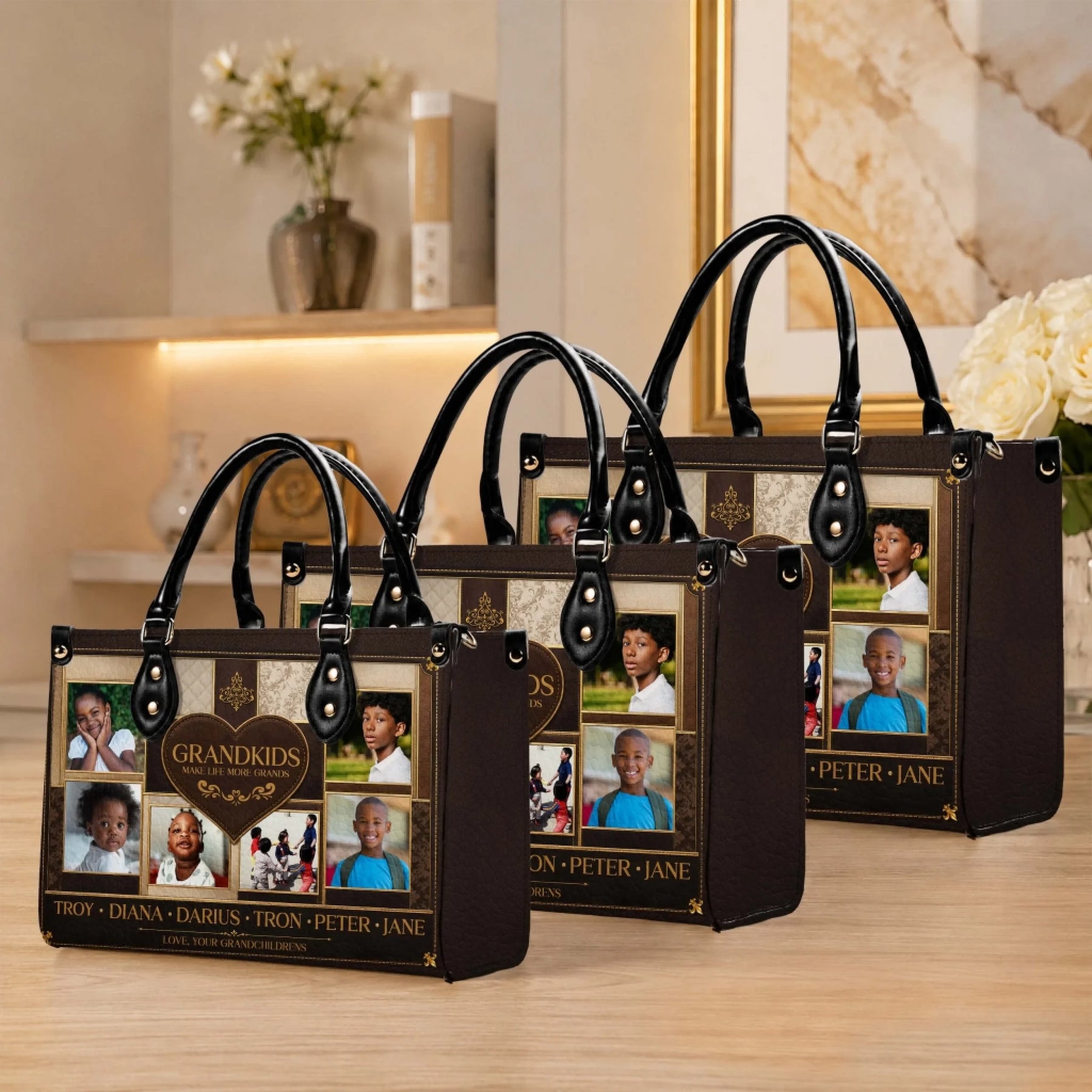 Collection of personalized tote bags with custom grandkids photos and names, an ideal sentimental gift for grandmas.