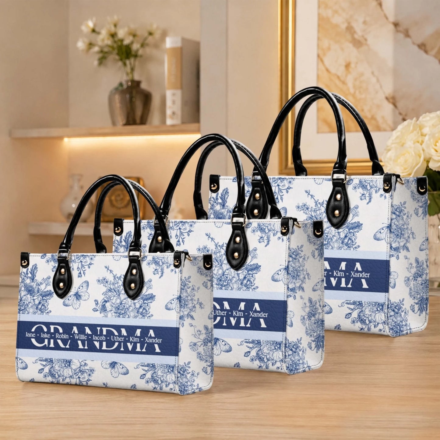 Collection of custom floral print tote bags for grandma displayed in different sizes with personalized names included