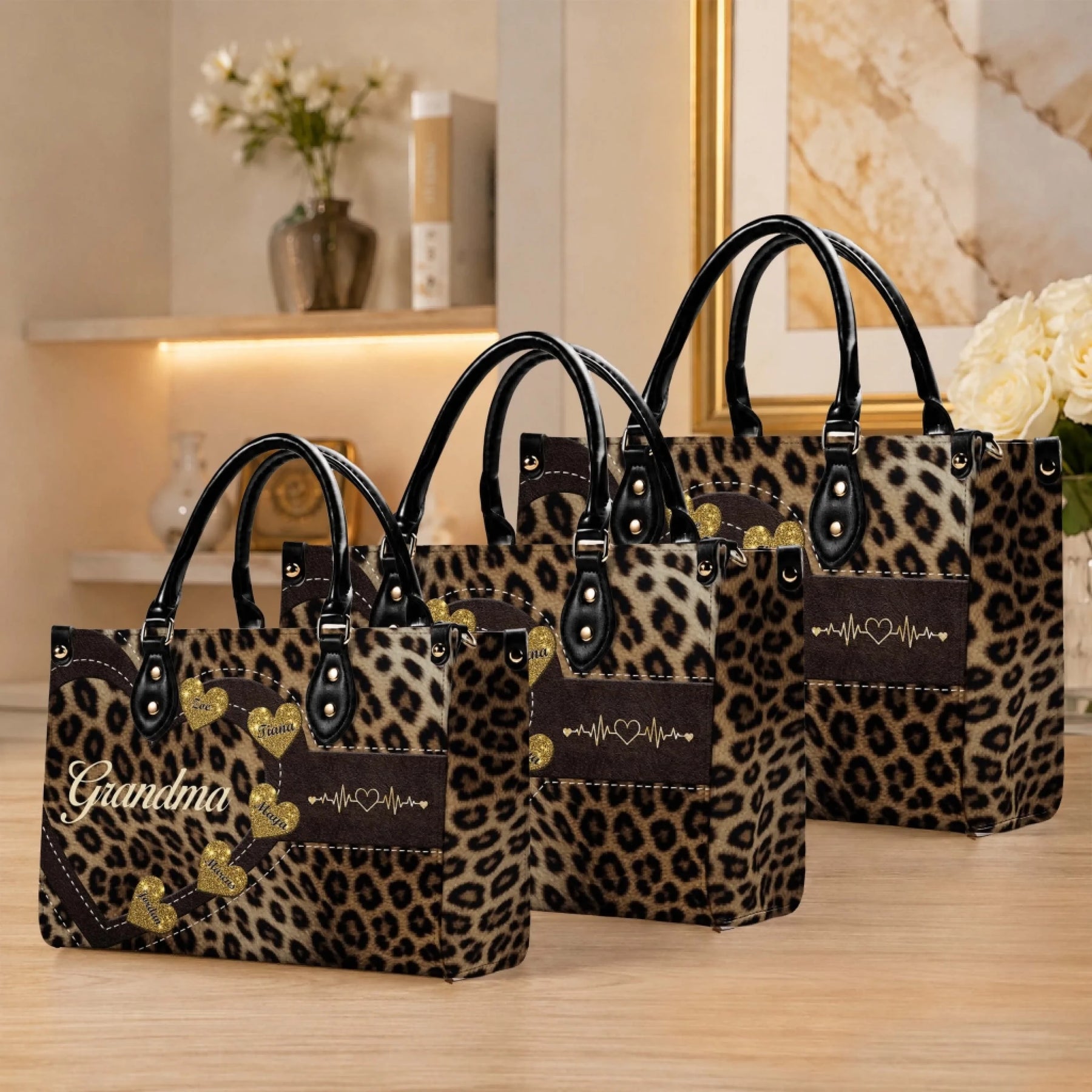 Collection of personalized leopard print grandma handbags featuring custom name hearts and heartbeat designs.