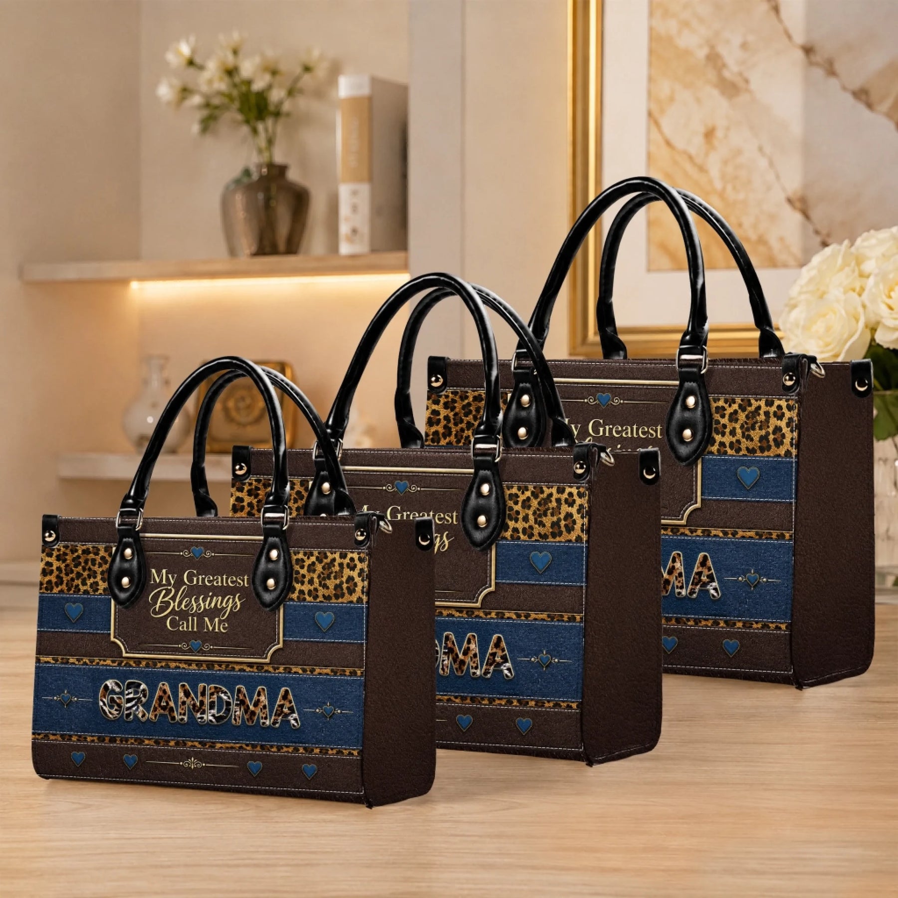 Collection of three personalized Grandma handbags featuring leopard print patterns and heartfelt family blessing quotes.