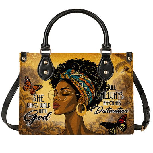 Spiritual tote bag featuring an artistic illustration of a Black woman with butterflies and the quote She who walk with God.