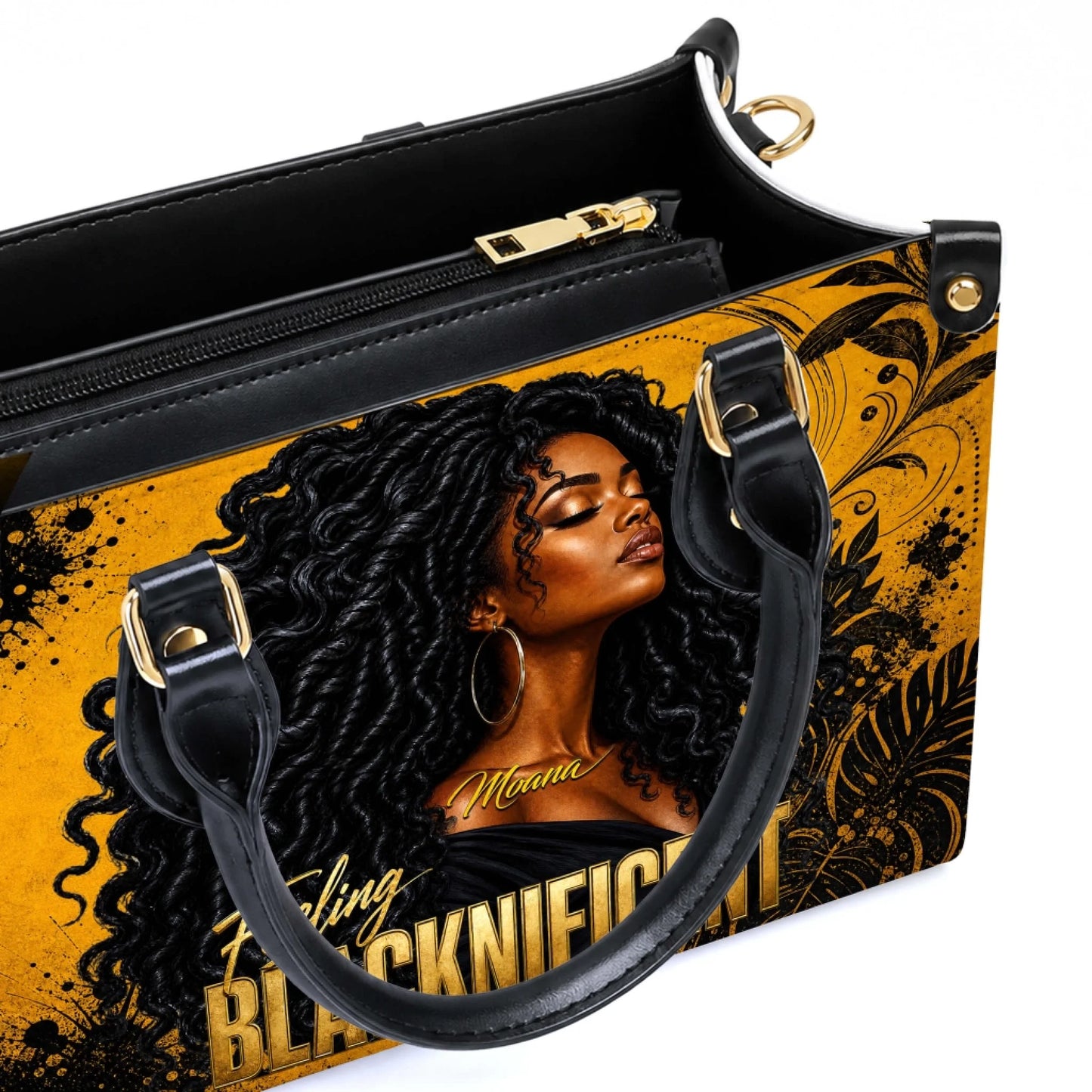 Close up of a personalized PU leather handbag with a stylish Black woman art print and high quality gold zipper.