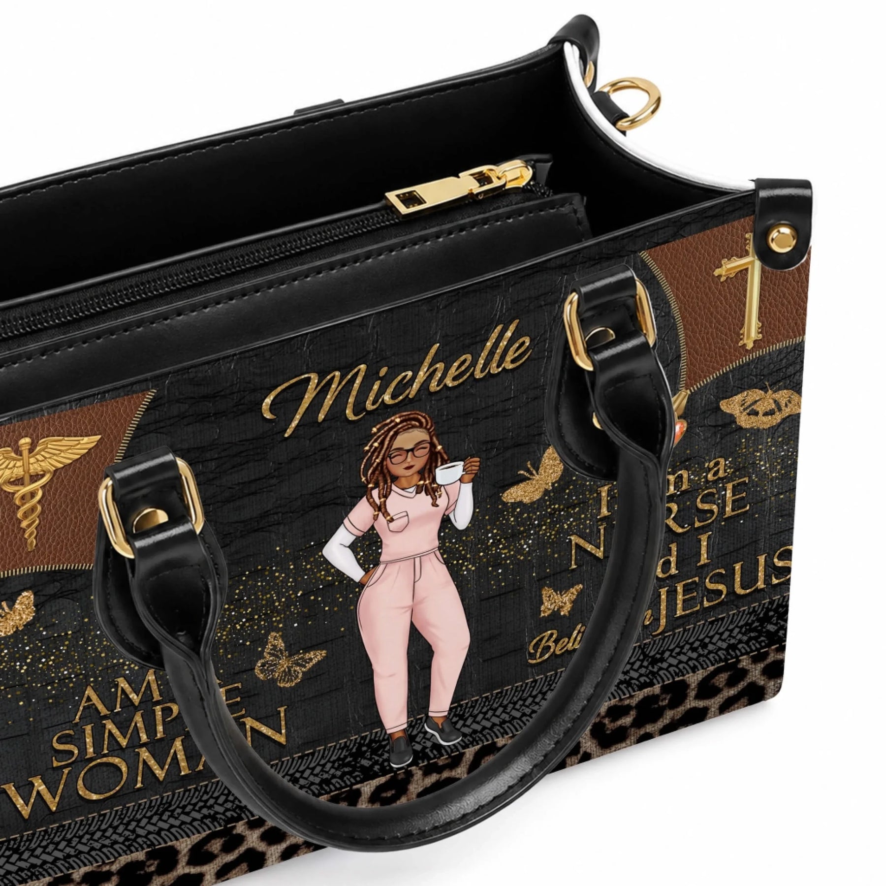Close up of a personalized nurse handbag featuring gold hardware and a detailed illustration of a healthcare worker.