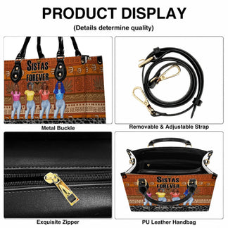 Details of a Sistas Forever handbag featuring an adjustable strap, gold zipper, and high quality PU leather finish.