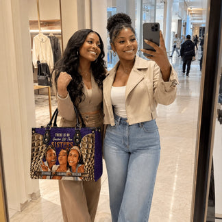Two women walking together while one carries a custom handbag featuring a personalized sisters photo and names.