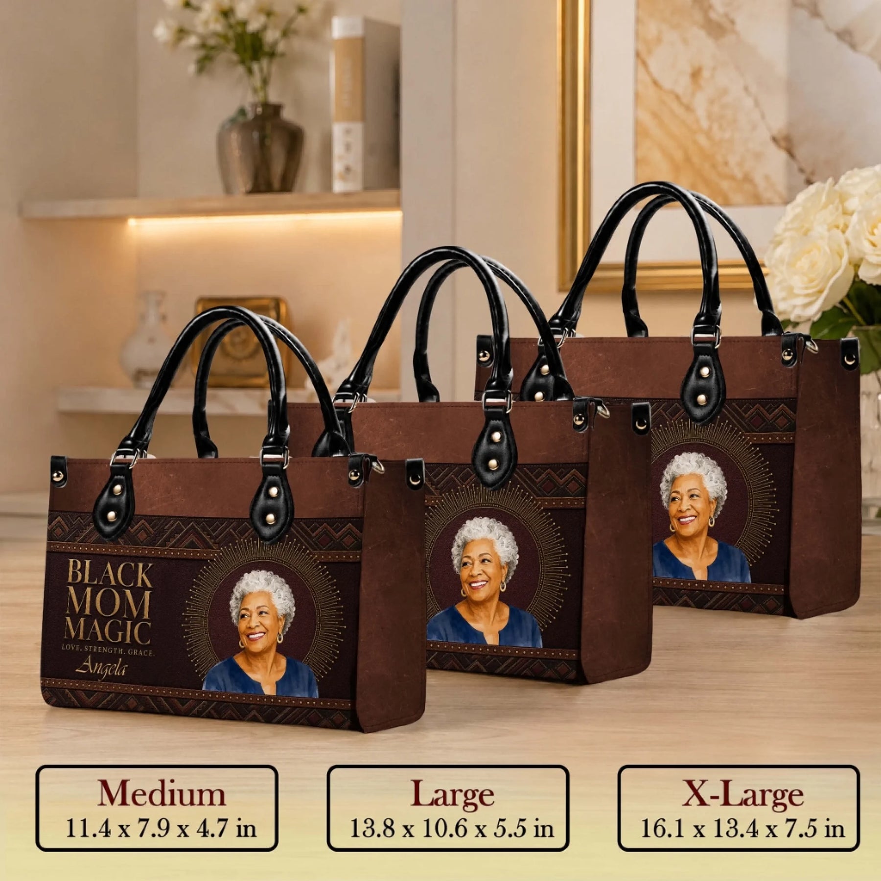 Size guide comparing medium large and extra large personalized leather handbags for mothers with custom photo