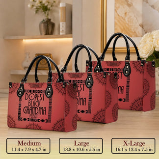 Three sizes of personalized red handbags displayed with dimensions labeled as Medium Large and Extra Large.