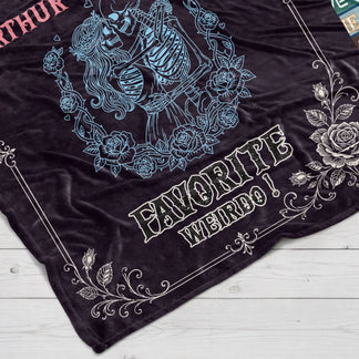 Personalized skeleton couple blanket with floral frame and custom names perfect for a romantic couple gift.
