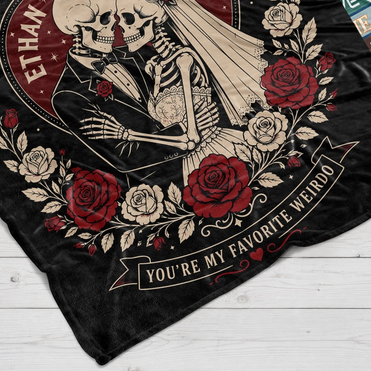 Cozy personalized throw blanket for couples featuring skeleton bride and groom in love with romantic red rose design.