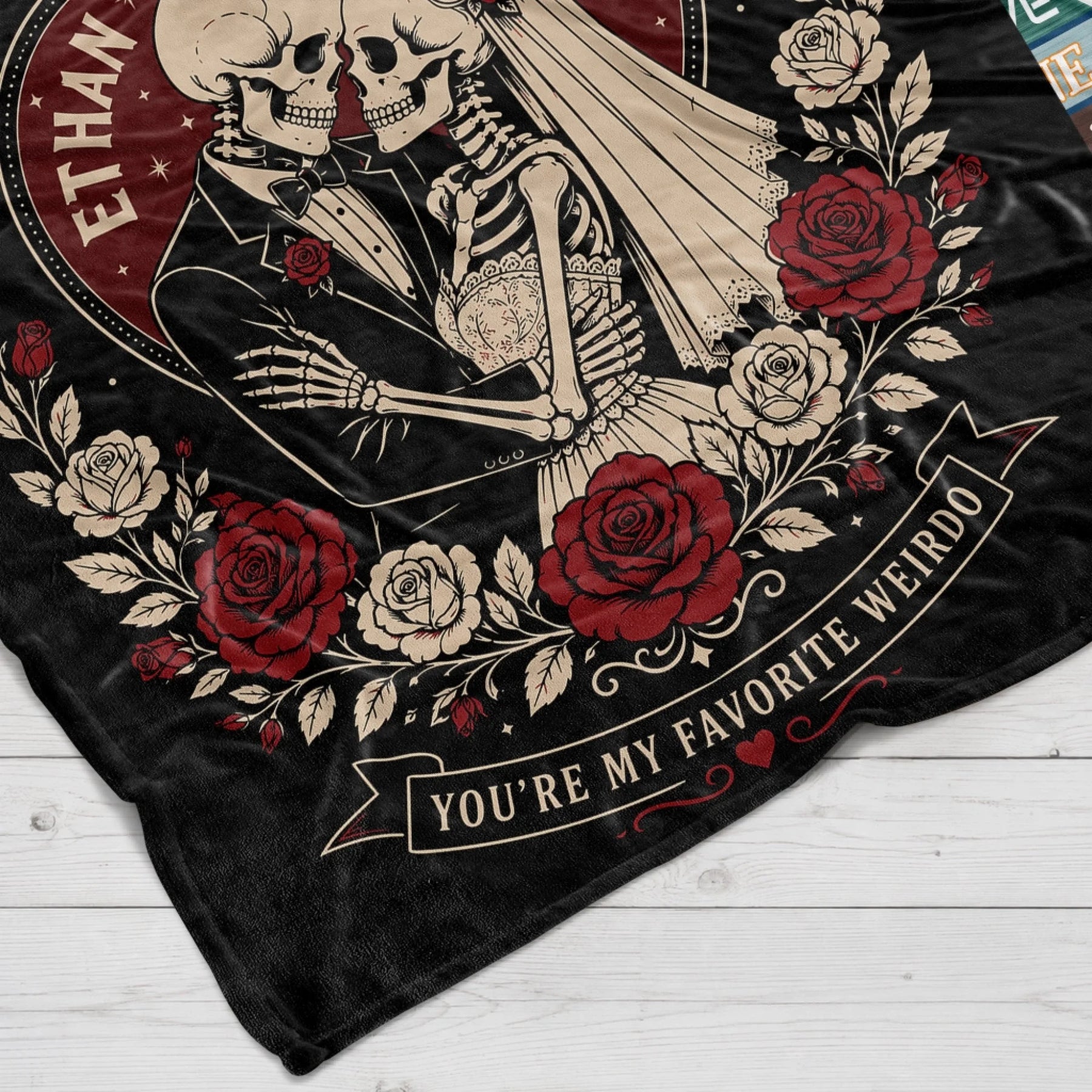 Cozy personalized throw blanket for couples featuring skeleton bride and groom in love with romantic red rose design.