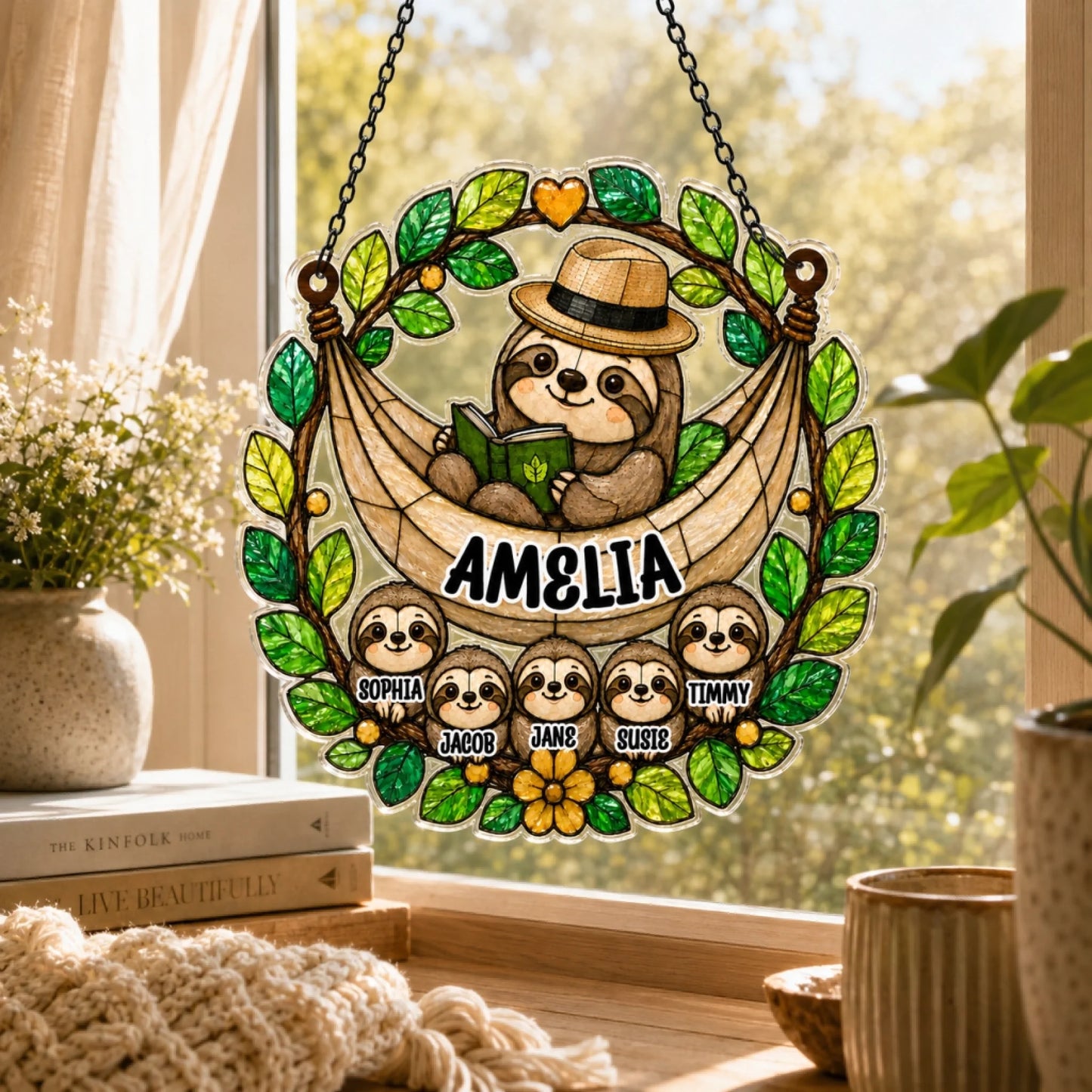 Sloth family suncatcher with stained arcylic inspired leafy design