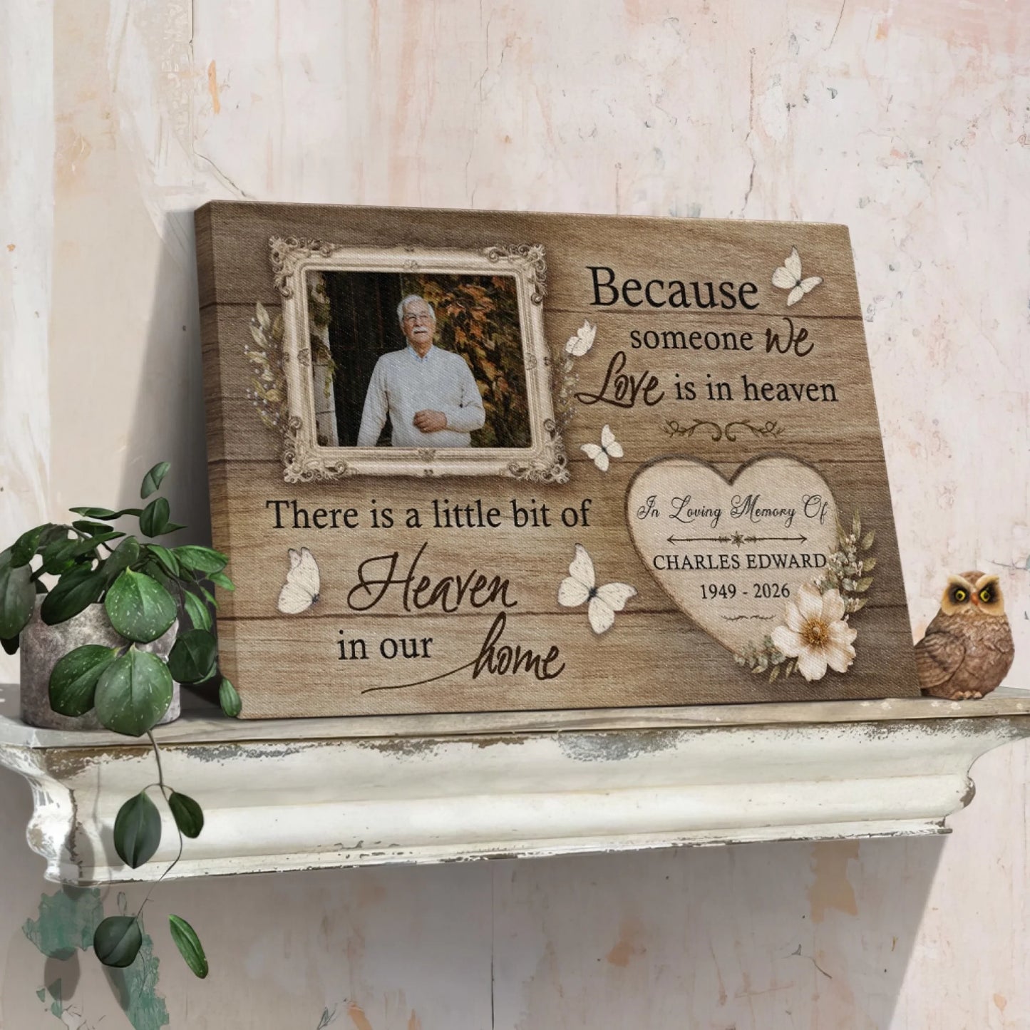 Small custom photo memorial canvas featuring butterfly and floral heart design for sympathy or home remembrance gift.