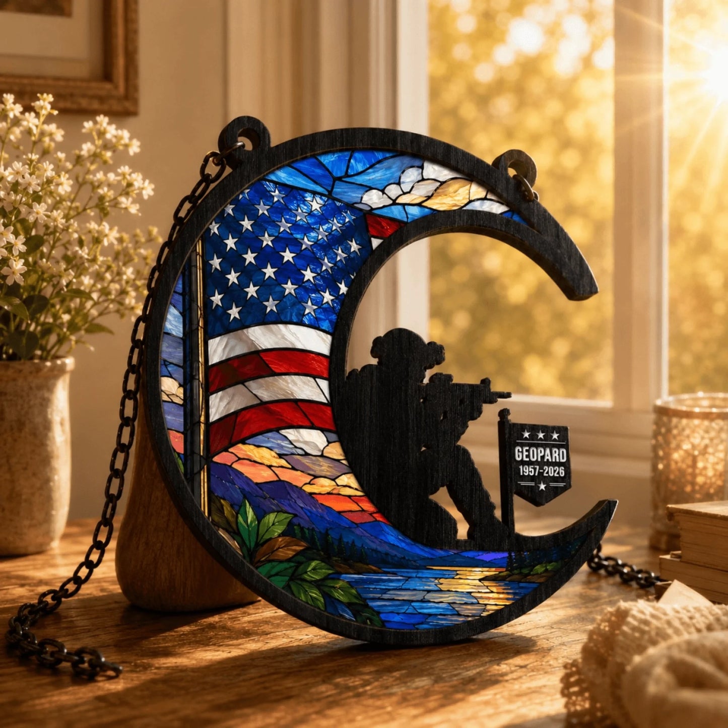 Stained glass memorial suncatcher with a soldier silhouette and US flag, personalized for a veteran in memoriam.