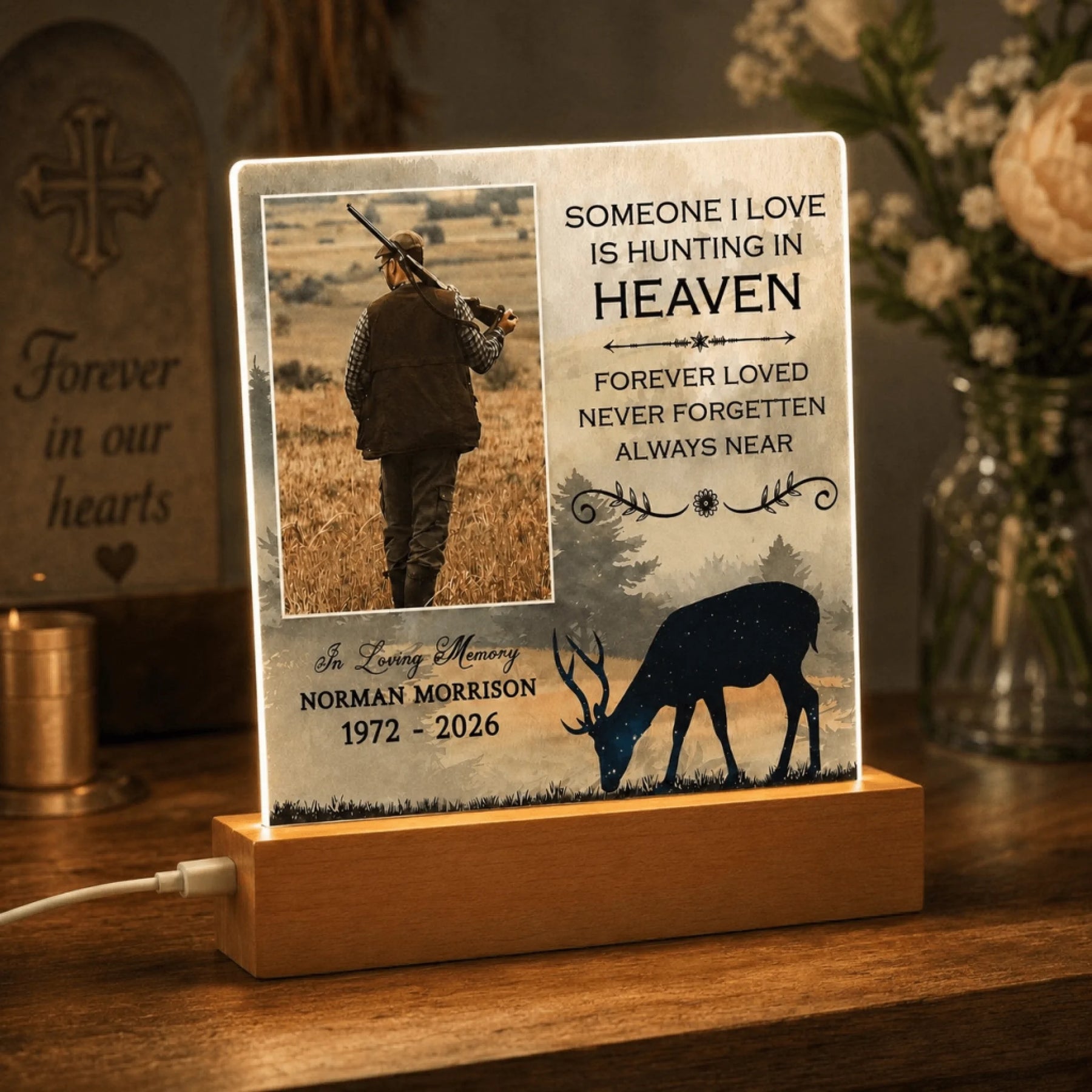Personalized memorial LED night light featuring a hunter, deer silhouette, and custom name and years for lost loved ones.