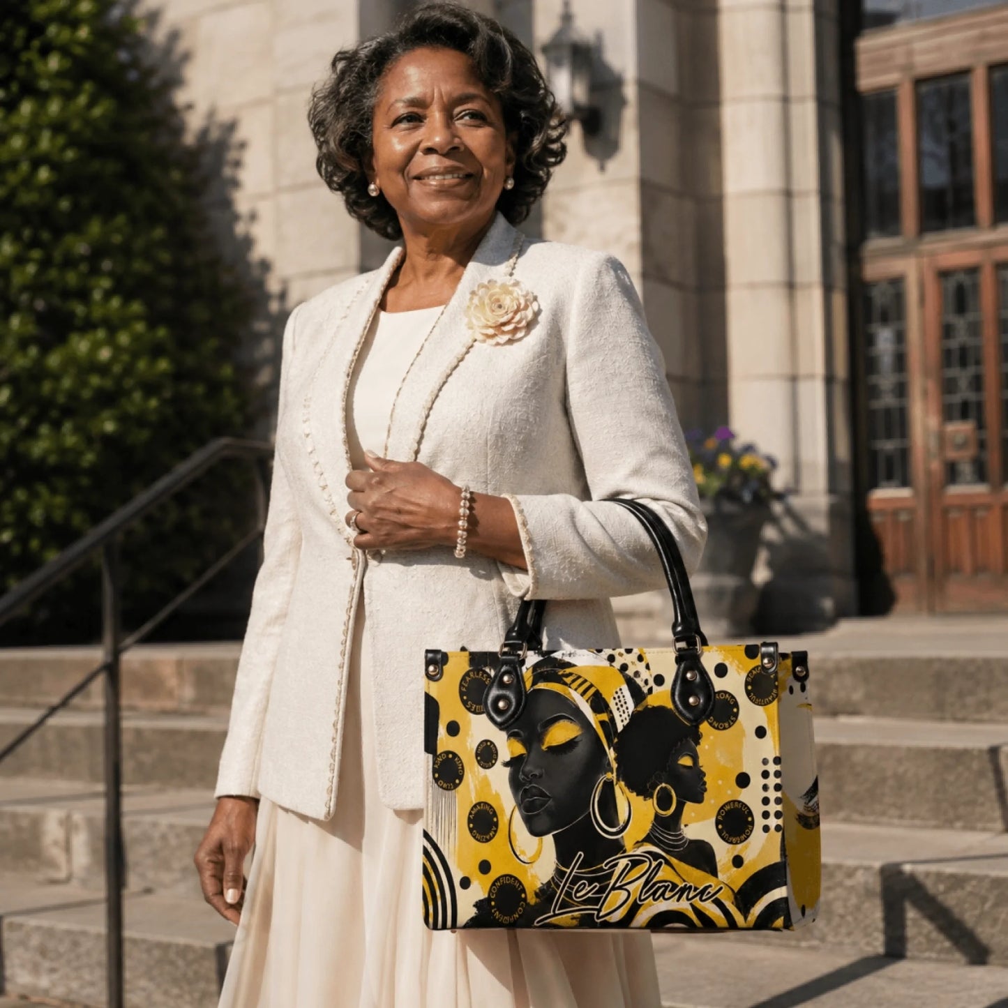 An elegant older woman holding a uniquely designed handbag featuring artistic Black woman portraits and motifs.